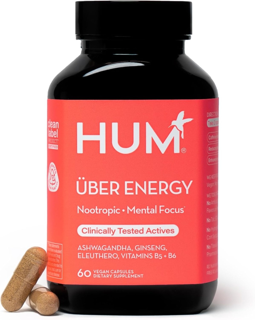 HUM Uber Energy Adrenal Energy Support Supplement met Ashwagandha Root, Ginseng, B Vitaminen, Vitamine B6, B5, en Adaptogenen, Supplementen voor Adrenal Fatigue Support, 60 Vegan Capsules