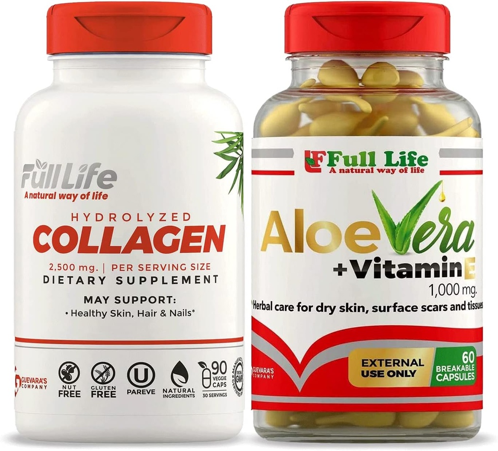 Full Life Hydrolyzed Collageen Supplement - Bovine Collageen Pillen 90 Capsules en Aloë Vera met vitamine E Capsules voor de huid - Hydrating Face Moisturizer - 60 Breekbare Capsules