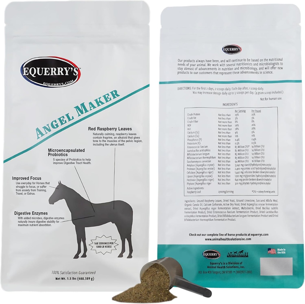 Equerry's Angel Maker, Raspberry Leaf, Microencapsulated Probiotics Supplement for Horse Ulcer Treatment & Digestief Health Calmness & Focus, 1.5lb.
