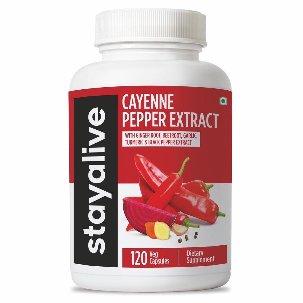 StayAlive Cayenne Pepper Capsules 960mg Super Extract met Gember, Knoflook, Kurkuma, Beetwortel, Black Pepper, 120 Cayenne Capsules, Ondersteuning Cardiovasculair & Immuun Systeem, Capsaicin Supplement Pillen