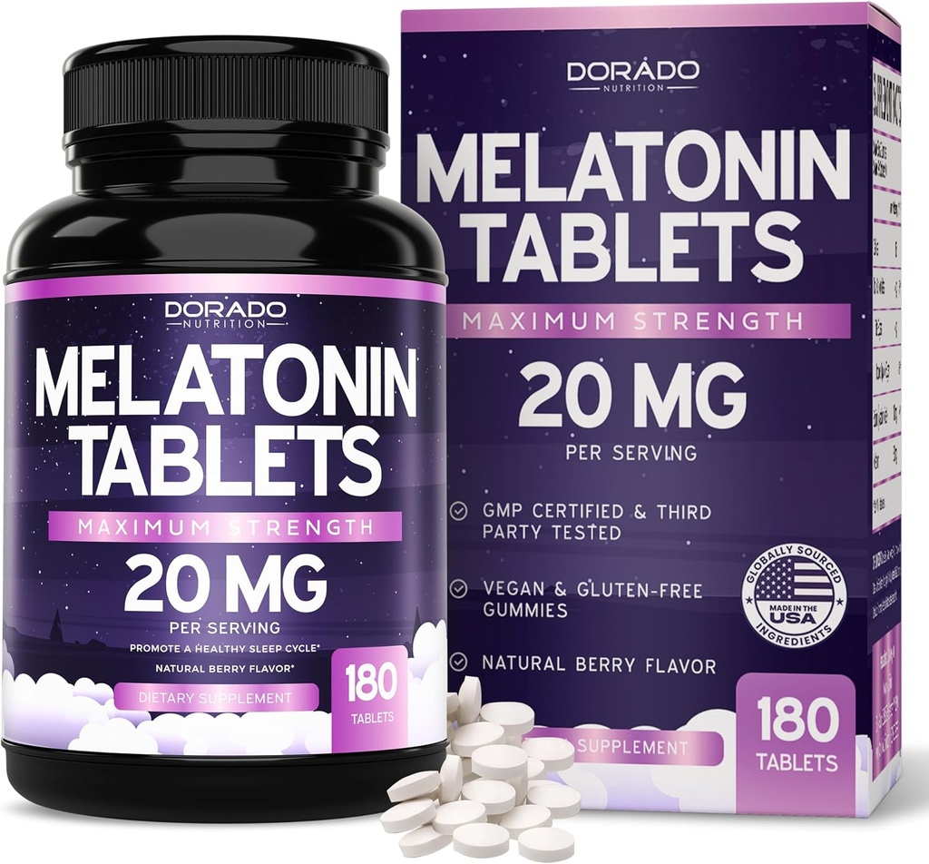 Melatonine 20 mg tabletten voor volwassenen (180 Tellen) - Quick Solution with 20mg of Melatonine Per Tablet - High Potency, Gluten-Free, Non-GMO, Vegan - Mixed Berry Flavor - Bulk Supply - USA Made