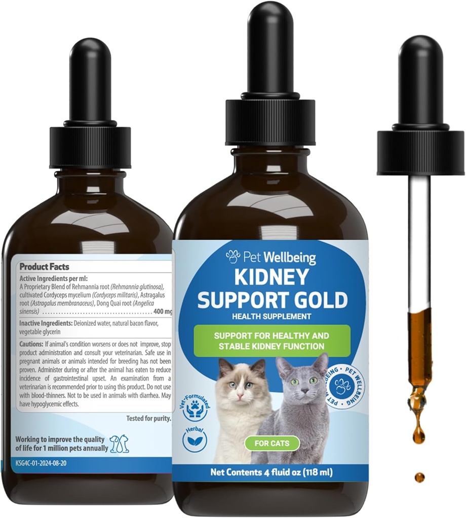 Dierenwelzijn Nierondersteuning Goud voor katten - Ondersteunt gezonde nierfunctie, vochtbalans, energieniveaus, Rehmannia, Dong Quai - Veterinair-geformuleerd kruidensupplement 4 oz (118 ml)