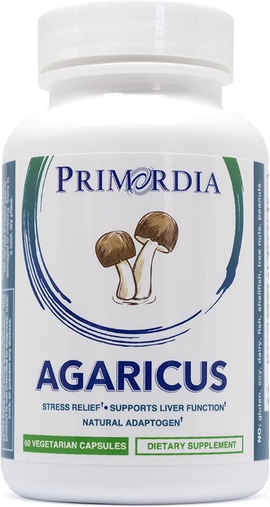 Primordia Pure Agaricus Mushroom Supplement, 60 Capsules, Liquid State Fermentation, Agaricus Blazei Murill Paddenstoelen, Stress Relief, Ondersteunt lever en Immuun functies