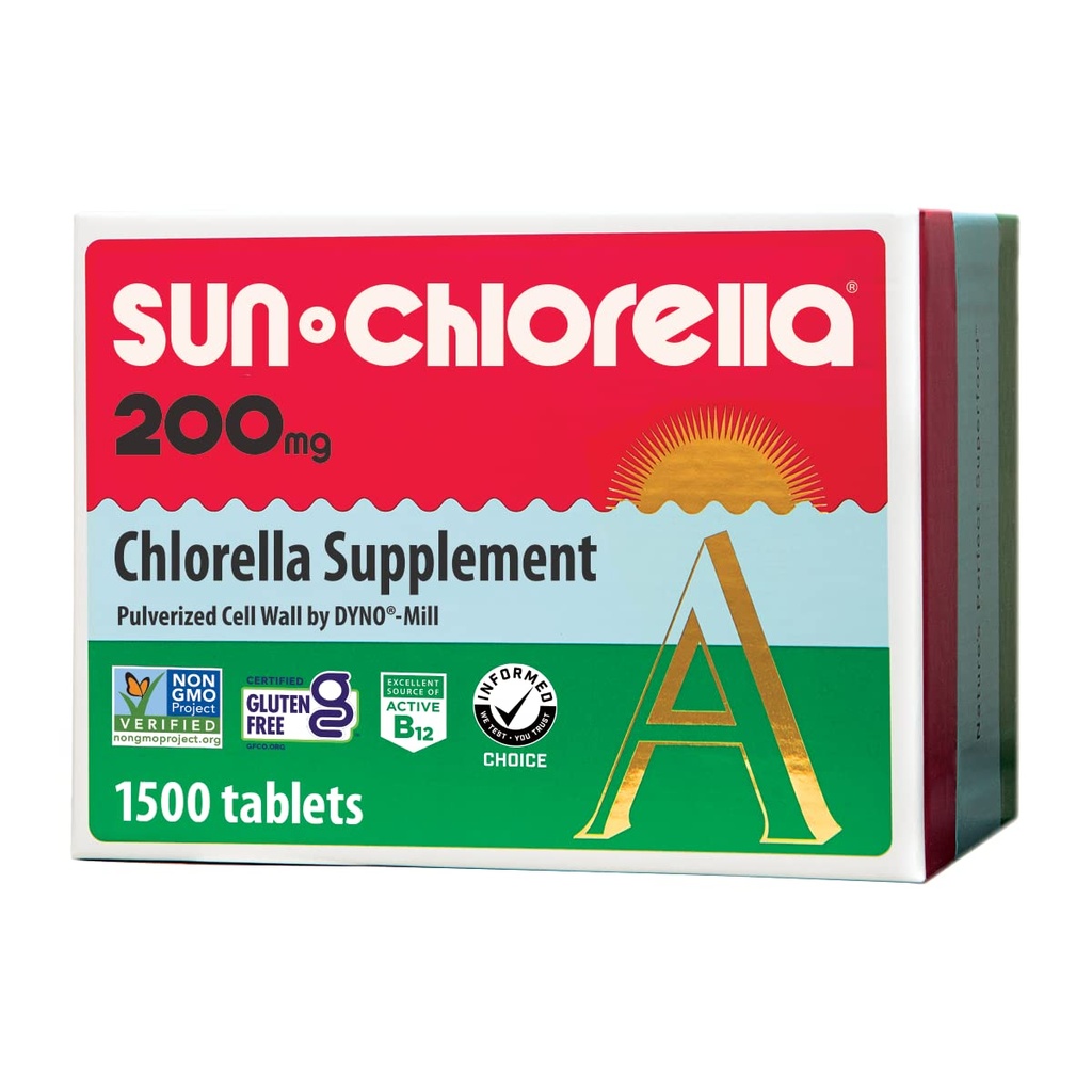 Sun Chlorella 200 mg Green Algen Superfood Supplement - Verpulverde celwand - Chlorofyl, CGF, Actieve B12, IJzer, Proteïne - Non-GMO - 1500 Tabletten