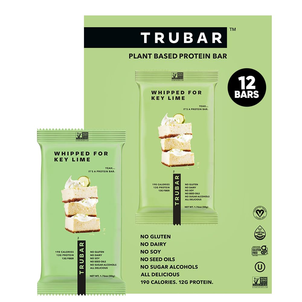 TRUBAR Vegan Protein Bar, Whipped for Key Lime, Glutenvrij, Plant Based, High Fiber, Dairy Free, Low Fat, Non GMO, Geen Suiker Alcoholen, 12G Lean Proteïne, 13G Fiber, gezonde snack Bars, 12 CT