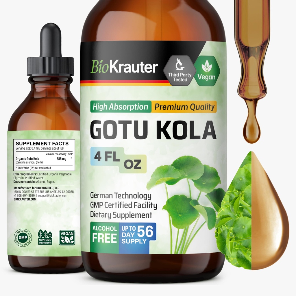 BIO KRAUTER Gotu Kola Tinctuur - Centella Asiatica Extract - Alcohol en Suikervrije Gotu Kola Extract - Vegan Drops 4 Fl.Oz.