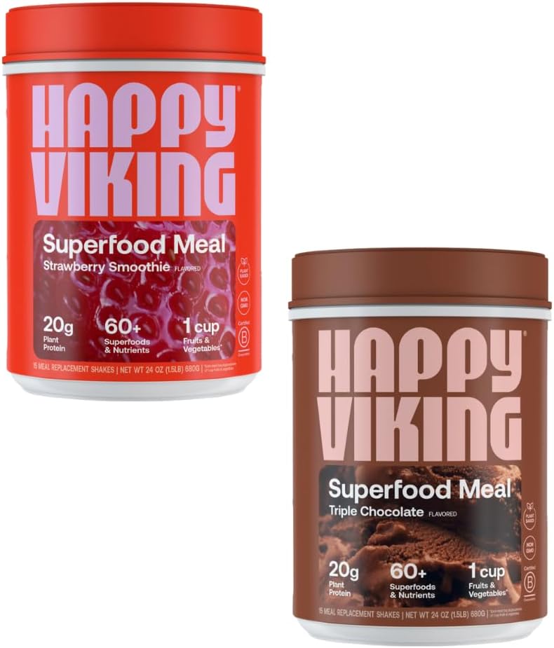Gelukkige Viking Chocolade en Aardbeipoeder, door Venus Williams, 20G Proteïne, Low Carb, Keto, Vegan, Glutenvrij, Superfoods, Complete Maaltijd Vervanging, 2 Canisters (24 oz. Elk)