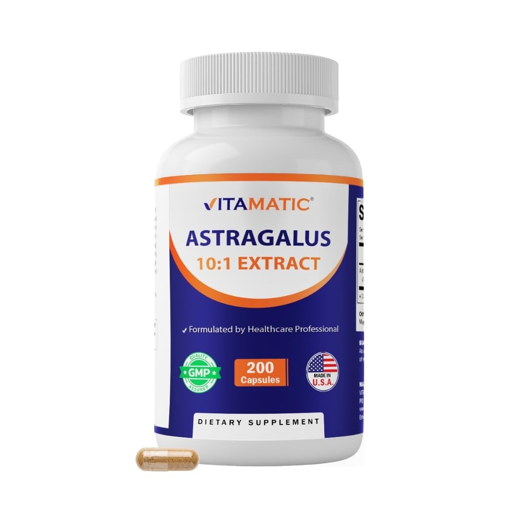 Vitamatic Astragalus Capsules 200 Veg Capsules - 10:1 Astragalus Extract 500mg - Non-GMO, Glutenvrij