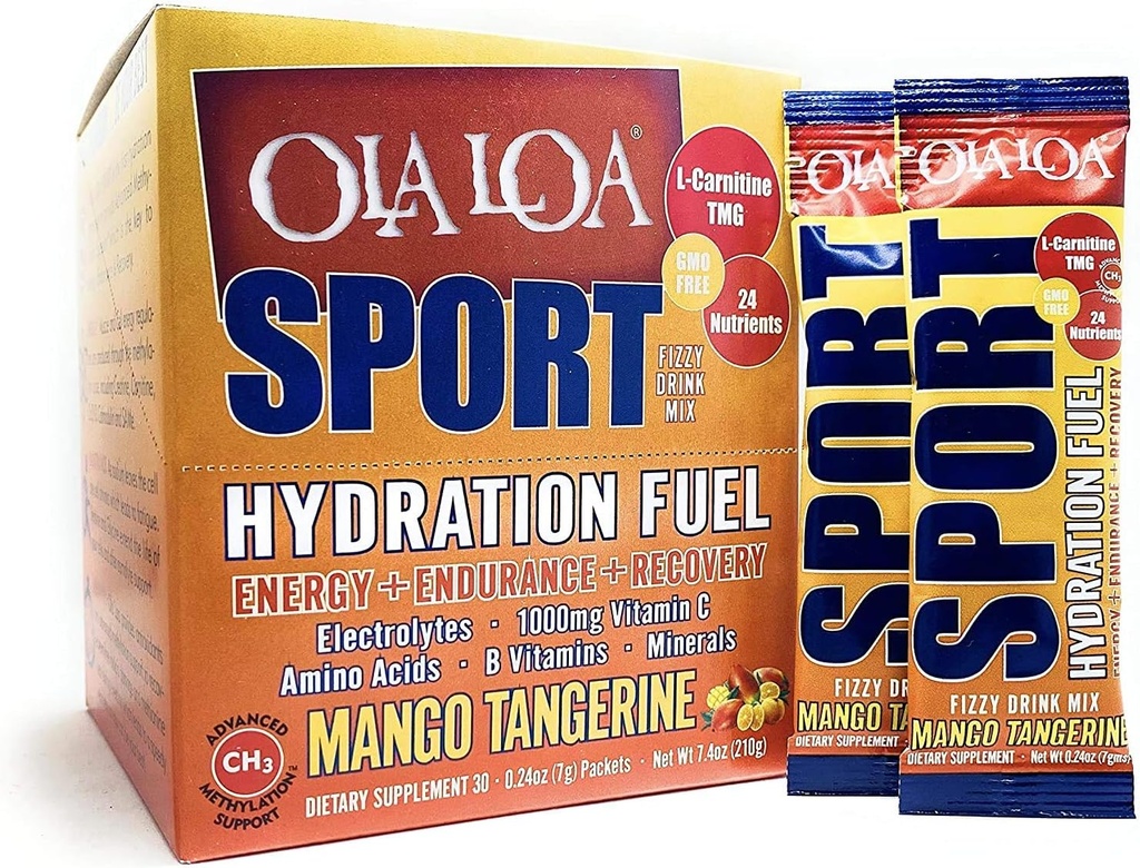 Ola Loa Sport Mango Tangerine All-Natural Hydrating Sports Drink Mix - Energie, Aminozuren, Elektrolyten, Vitamine C, Vitamine B, Glutenvrij, Veganistisch - Drink uw vitamines - 30 Packets (7.4oz)