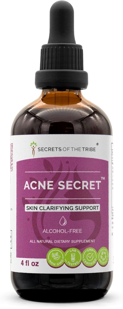 Geheimen van de Stam Acne Geheime Alcoholvrije Extract, Tinctuur, Glycerite Boldo, Corn Silk, Stinging Nettle Leaf, Alfalfa, Senna Leaf. Huidverhelderende ondersteuning (4 Fl Oz)