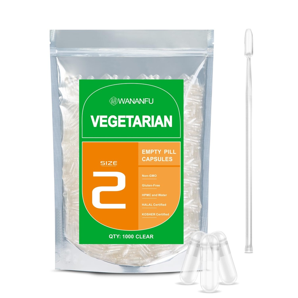 wananfu Maat 2 Lege Capsules Vegetarische (500 Telling) Bundel met 2 Micro Lab Lepels, Wissen Vulbare Veggie Pill Capsules Maat 2 voor het maken van uw eigen supplementen