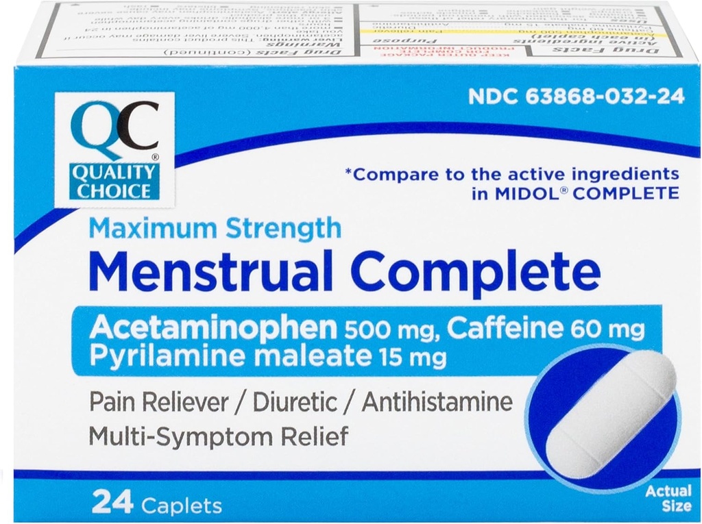 Quality Choice Menstrual Complete Max Strength period Pain Relief, 500 mg Acetaminophen, 60mg Cafeïne, 15mg Pyrilamine Maleate, Kramps, Bloating, Hoofdpijn. 24 Tel.