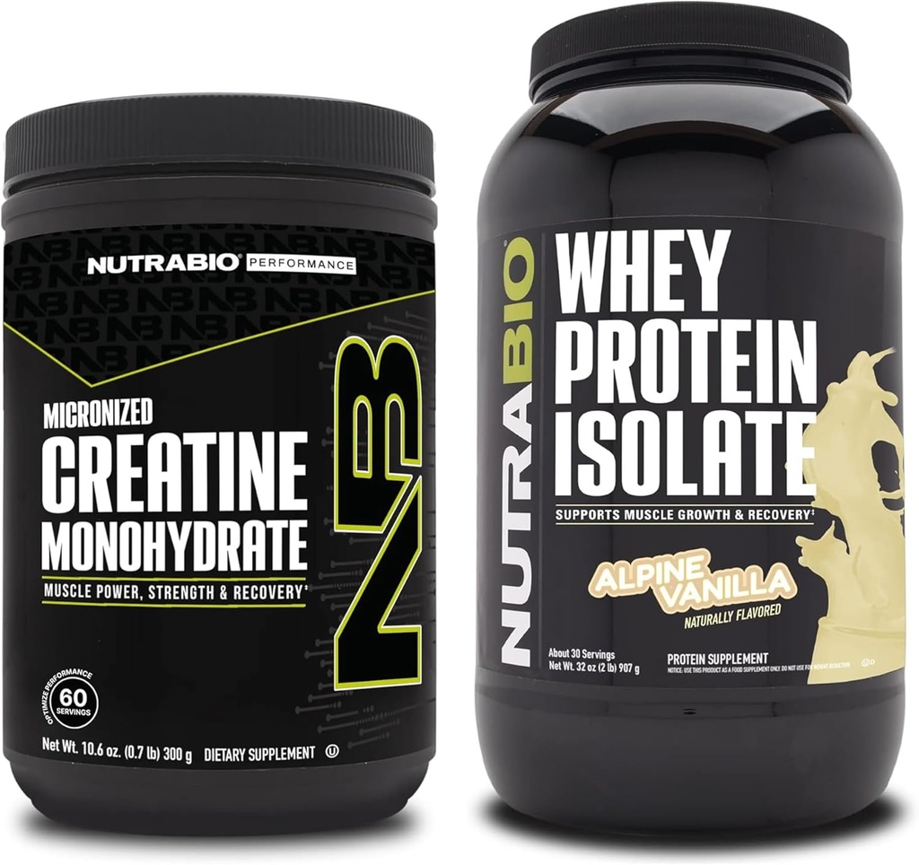 NutraBio Creatine Monohydraat, Unflavored, 300g en Wei Proteïne Isolaat, Alpine Vanille, Supplement Bundle - Spierenergie, Lean Spiergroei, Herstel, en kracht