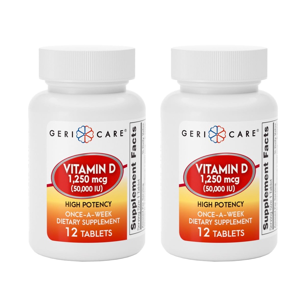 GeriCare Vitamine D 1.250mcg (50.000 IE) Hoge potentie, Ondersteunt botdichtheid, spiergezondheid, immuunfunctie en Calcium Absorptie, Once-A-Week Dieetsupplement, 12 Tellen (Pack of 2)