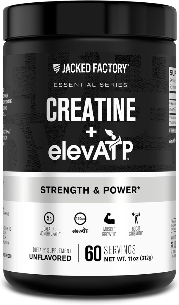 Jacked Factory Creatine + ElevATP - Creatine Monohydrate Powder for Muscle Growth, Increased Strength, Enhanced Energy Output, with ElevATP for Sustained Energy & Endurance - 60 Servings, Unflavoured
