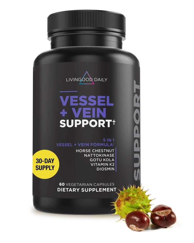 Livingood Daily Vessel & Vein Support, Circulation & Vein Support Supplement with Diosmin, Horse Chestnut, Nattokinase, Gotu Kola & Vitamin K2, Vascular & Vein Health Formula, Gluten Free, 60 Capsules
