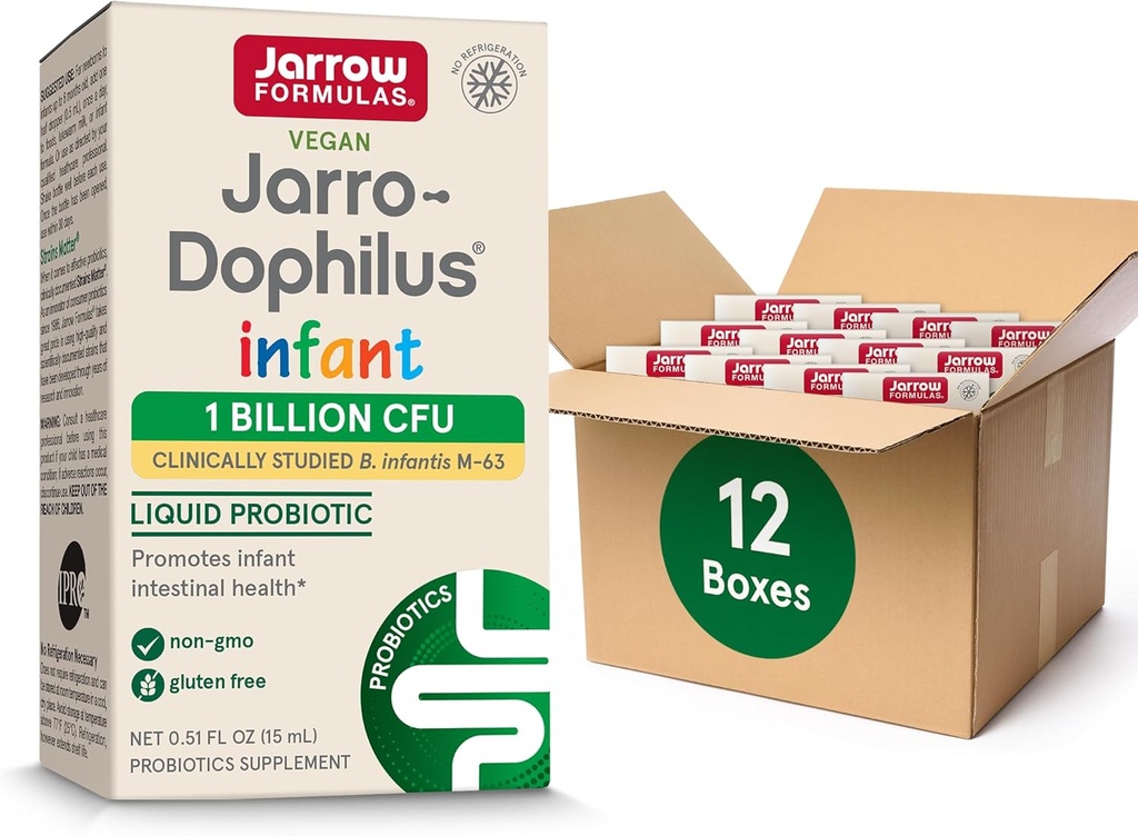 Jarrow Formules Jarro-Dophilus Infant Liquid Probiotic, Dietary Supplement, Intestinal Health Support voor zuigelingen, 1 miljard CFU per portie, 0,51 Fl Oz, 30 Day Supply, (pakket van 12)