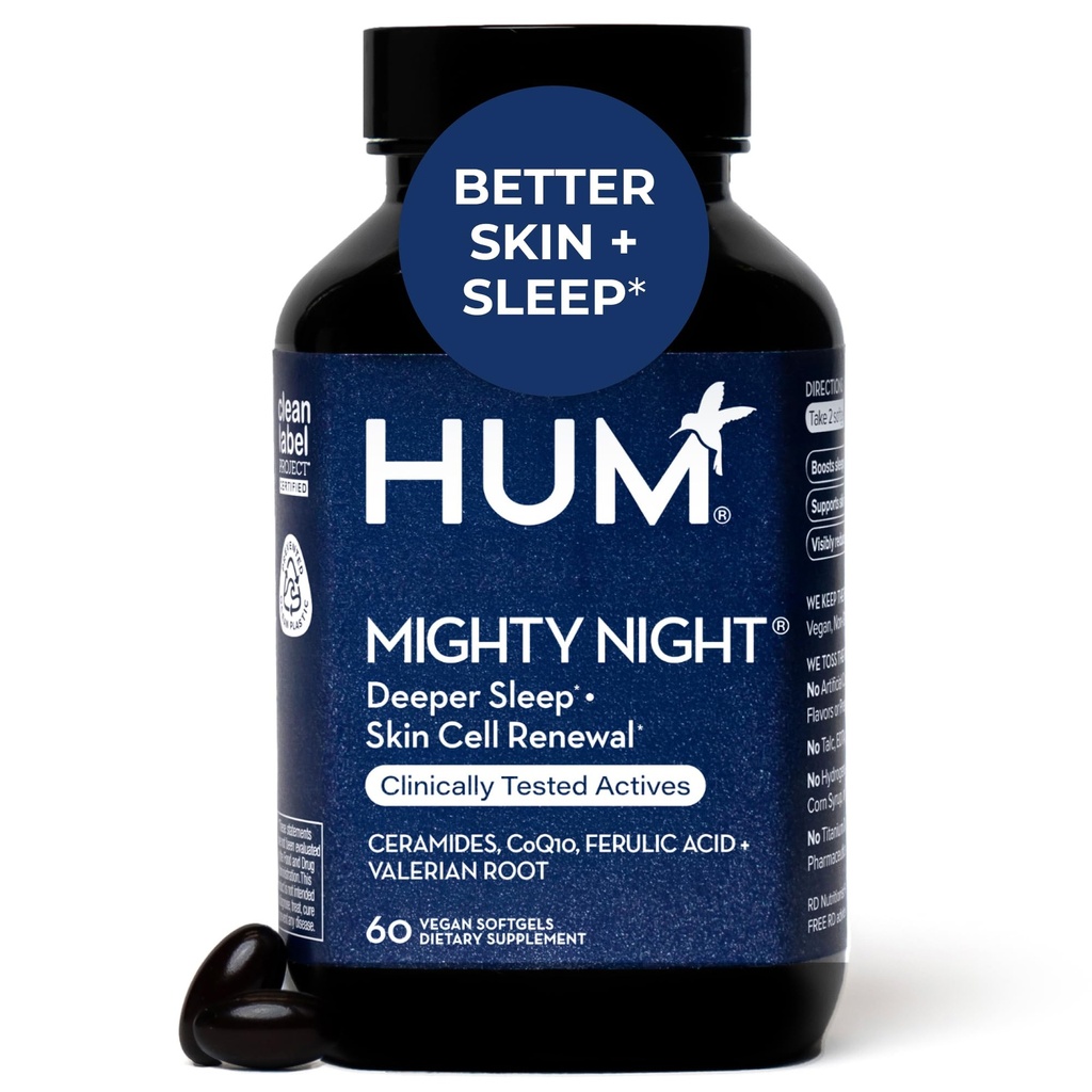 HUM Mighty Night Night Nighttime Sleep Supplement for Skin Care, CoQ10, Valeriaan Root & Ferulic Acid to Support Cell Omzet, Huid Vitaminen voor vrouwen en mannen, Overnight Beauty Vitaminen, 60 Vegan Softgels