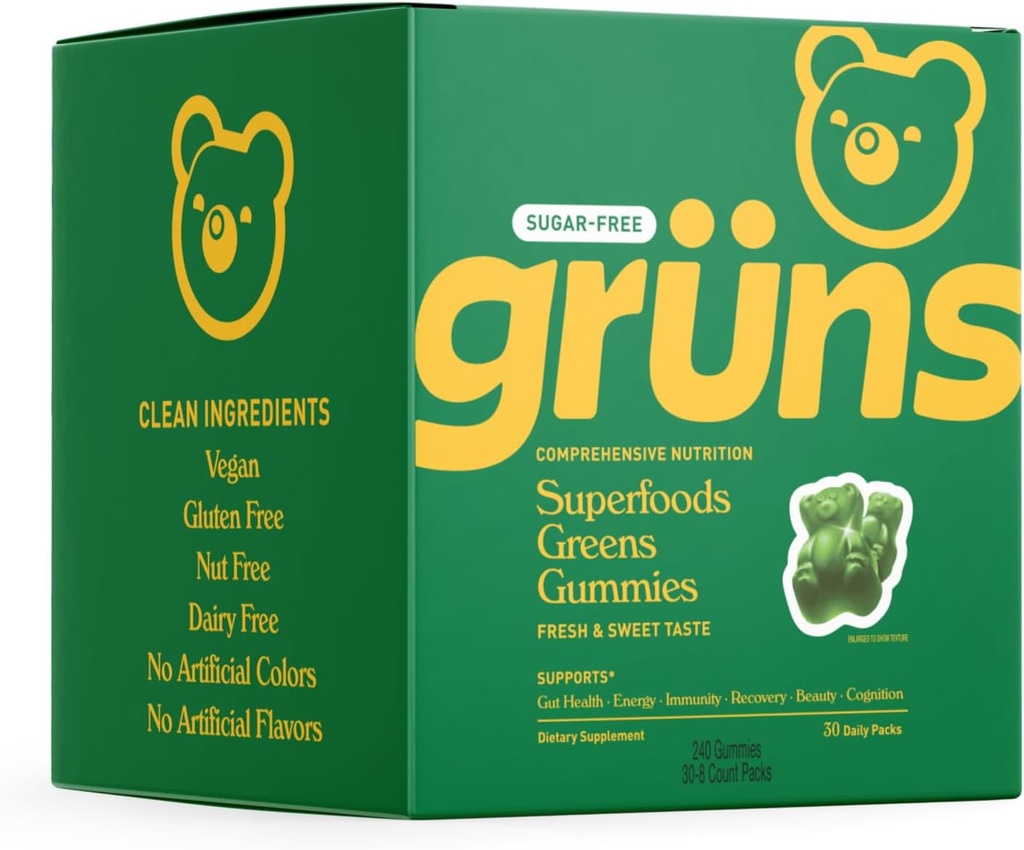 Gruns Sugar Free Super Greens Gummy Bears - Organic Spirulina and Chlorella, Prebiotics for Digestive Health, 20+ Vitamines and Minerals, Adaptogens - 30 sachets - 240 Gummies