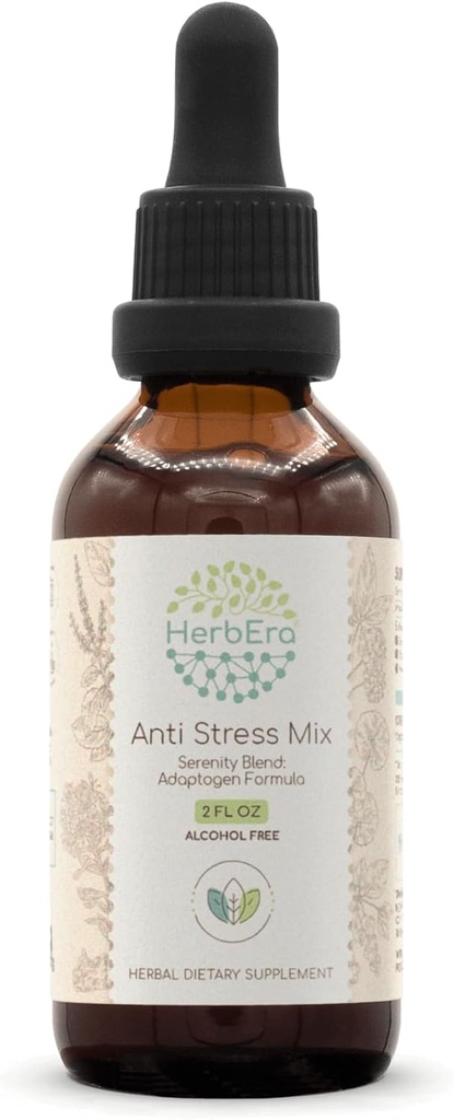 Antistressmix B60 Alcoholvrij extract Tinctuur, Eleuthero Root, Rhodiola Root, Schisandra Berry, Gotu Kola Herb, Holy Basil Herb. Serenity Blend: Adaptogen Formula 2 Fl Oz