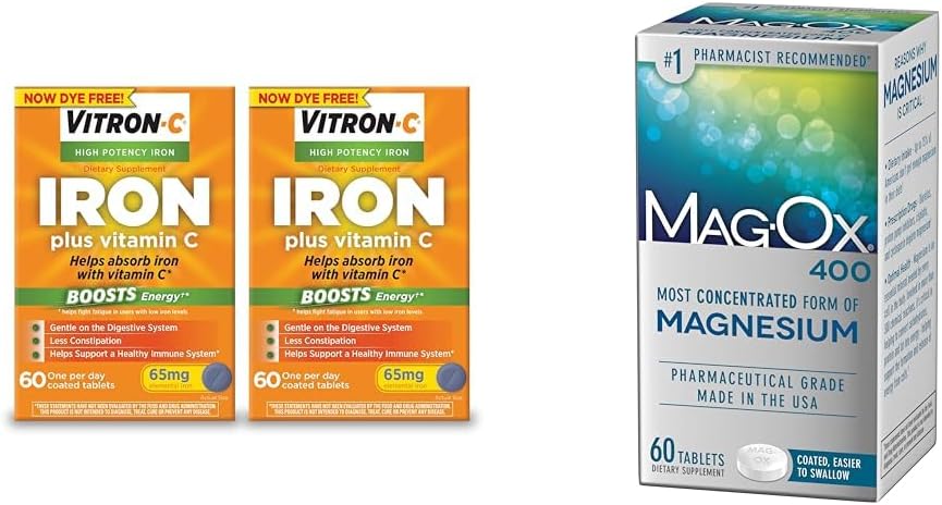 Vitron-C Iron Supplement Plus Vitamin C, 60 Count, 2 Pack Bundle with Mag-Ox 400 Magnesium Mineral Dietary Supplement Tablets, 60 Count
