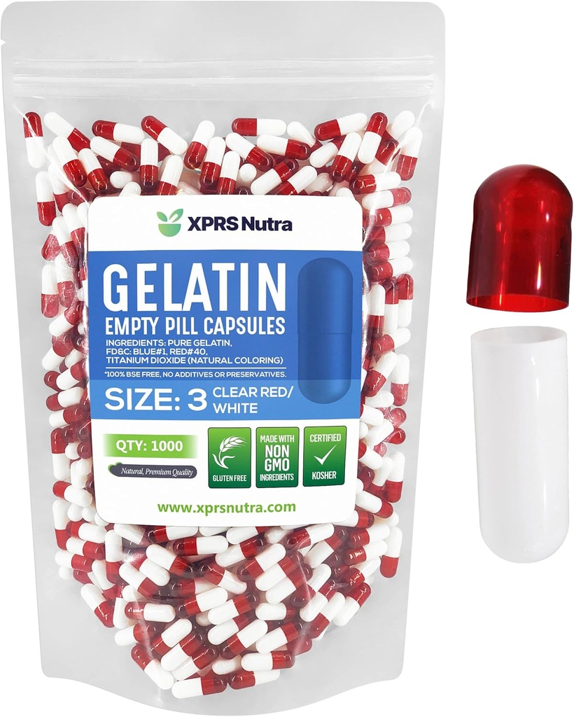 XPRS Nutra Size 3 Empty Capsules - 1000 Count Empty Gelatin Capsules - Pills DIY Capsule Filling - Pure Bovine Pill Gel Caps for Do-It-Yourself Supplements (Clear Red/White)