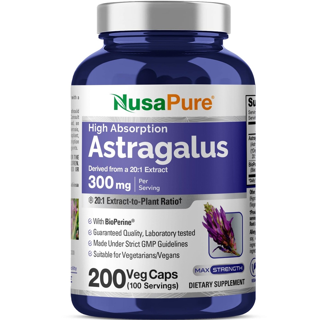 NusaPure Astragalus 20:1 Extract, 300 mg equivalent aan 6000 mg per portie, 200 Veggie Capsules, Non-GMO & Bioperine