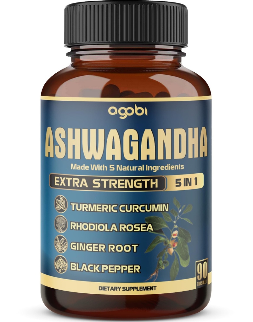 Ashwagandha Extract Capsule - Grote sterkte - 5in1 Blended Gember, Kurkuma, Rhodiola Rosea & Black Pepper - 90 capsules gedurende 3 maanden - Sterkte, Spirit & Immune Ondersteuning