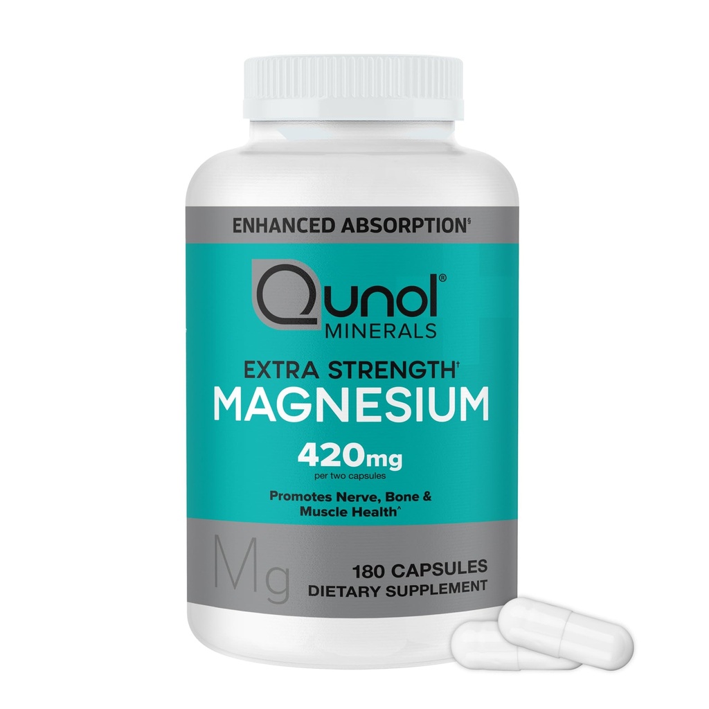 Qunol Magnesium Capsules 420mg, 100% DV, Hoge Absorptie Magnesium Supplement, Extra sterkte, Bot- en Spiergezondheid Supplement, 180 Tellen