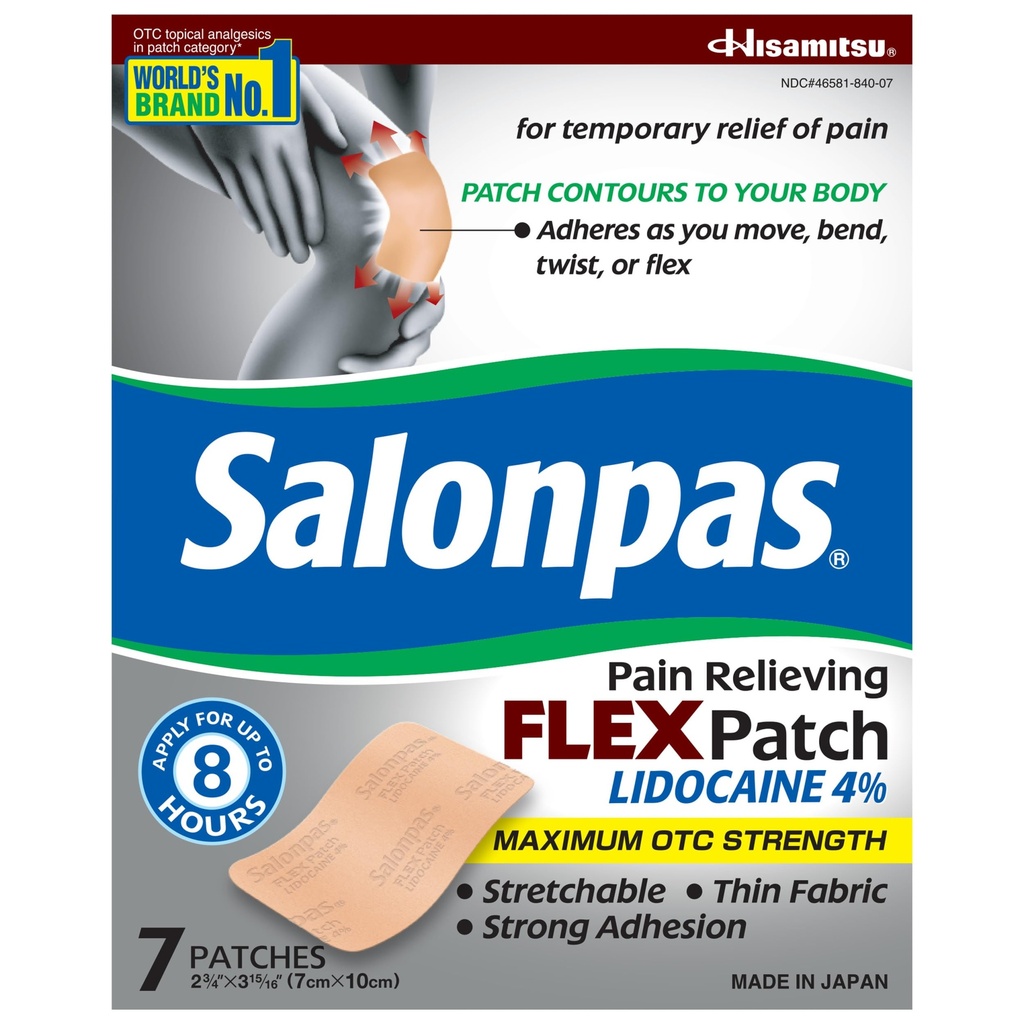 Salonpas Maximale OTC Strength Lidocaine 4% Pijnstillende FLEX Patch, Solliciteer voor maximaal 8 uur, onbescent, dun, flexibel, lichtgewicht, Patch Blijft op zijn plaats, 7 patches