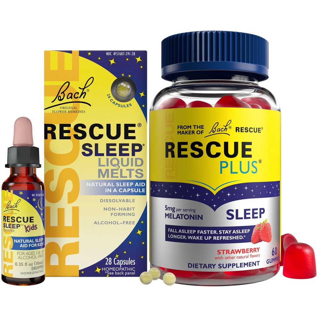 RESCUE Nacht slaaphulp bundel, 3Pk - Bach Slaap Kids Dropper, 10mL Slaapvloeistof Melts, 28Ct Plus Slaap Gummies met 5mg Melatonine/dosis, 60Ct