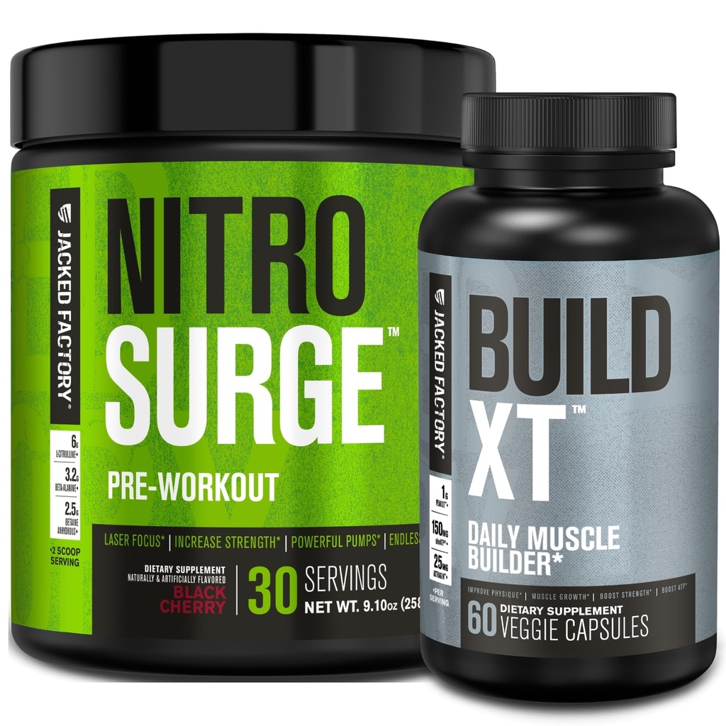 Jacked Factory Nitrosurge Pre-workout in Black Cherry & Build XT Muscle Building bundel voor mannen & vrouwen