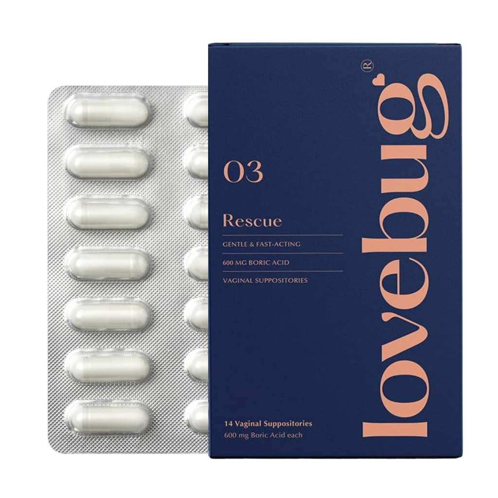 LoveBug Women's Health Rescue Vaginal Boric Acid Suppositories for Women - Fast Acting Suppository for Odor, Discharge, Yeast, and pH Balance with Coconut Oil, Hyaluronic Acid & Vitamin E, 14 ct
