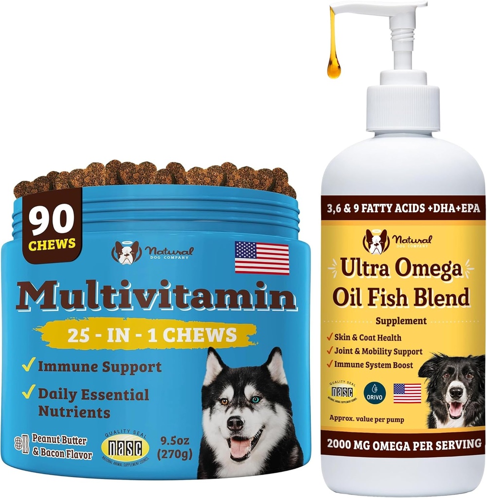 Natural Dog Company Multivitamine Kauwen en Ultra Omega Olie voor actieve honden - Nutrient-Rich Honden Treats met Omega-3 en essentiële vitamines, ondersteunt Cognitieve gezondheid en algehele vitaliteit voor alle rassen