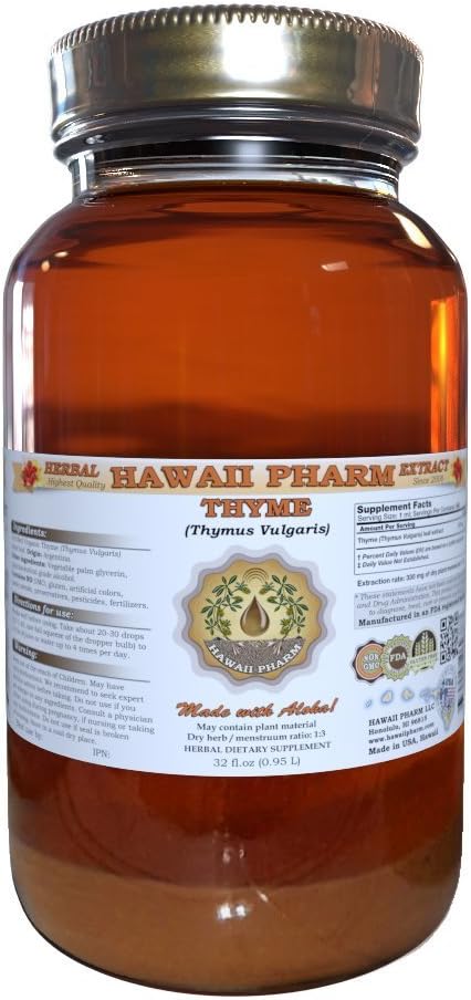 Thyme Liquid Extract, Organic Thyme (Thymus Vulgaris) Tinctuur, Kruidensupplement, Hawaii Pharm, Made in USA, 32 fl.oz