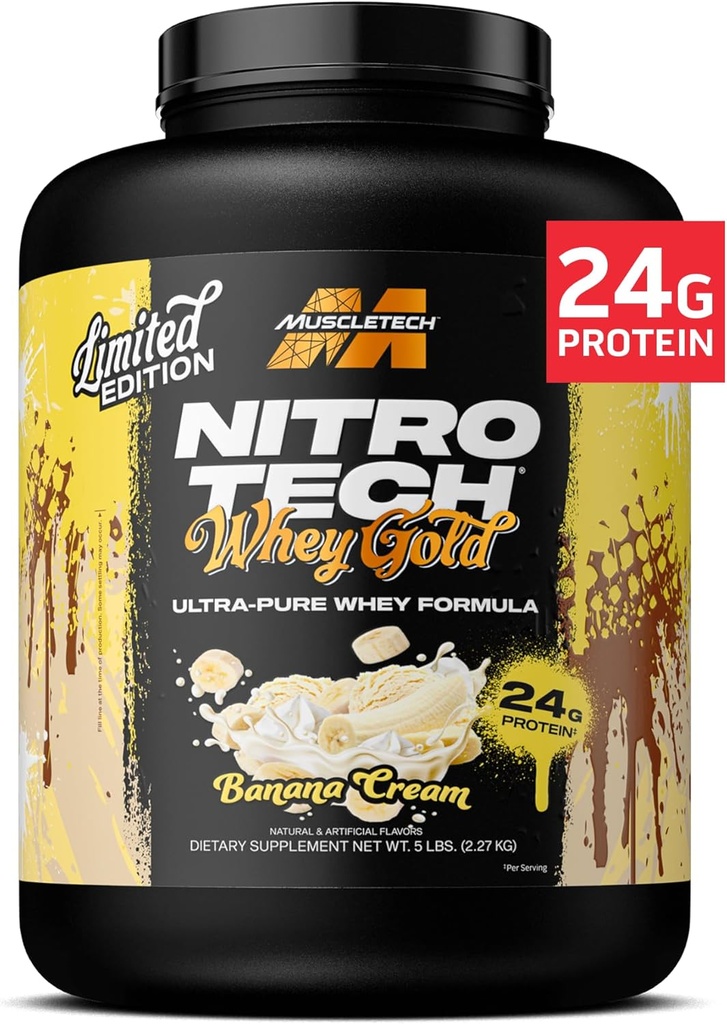 MuscleTech Whey Protein Powder (Banana Cream, 5LB) - Nitro-Tech Whey Protein Isolaat Smoothie Mix voor Lean Muscle & Fast Recovery - 24g Whey Gold Protein voor vrouwen en mannen - Glutenvrij