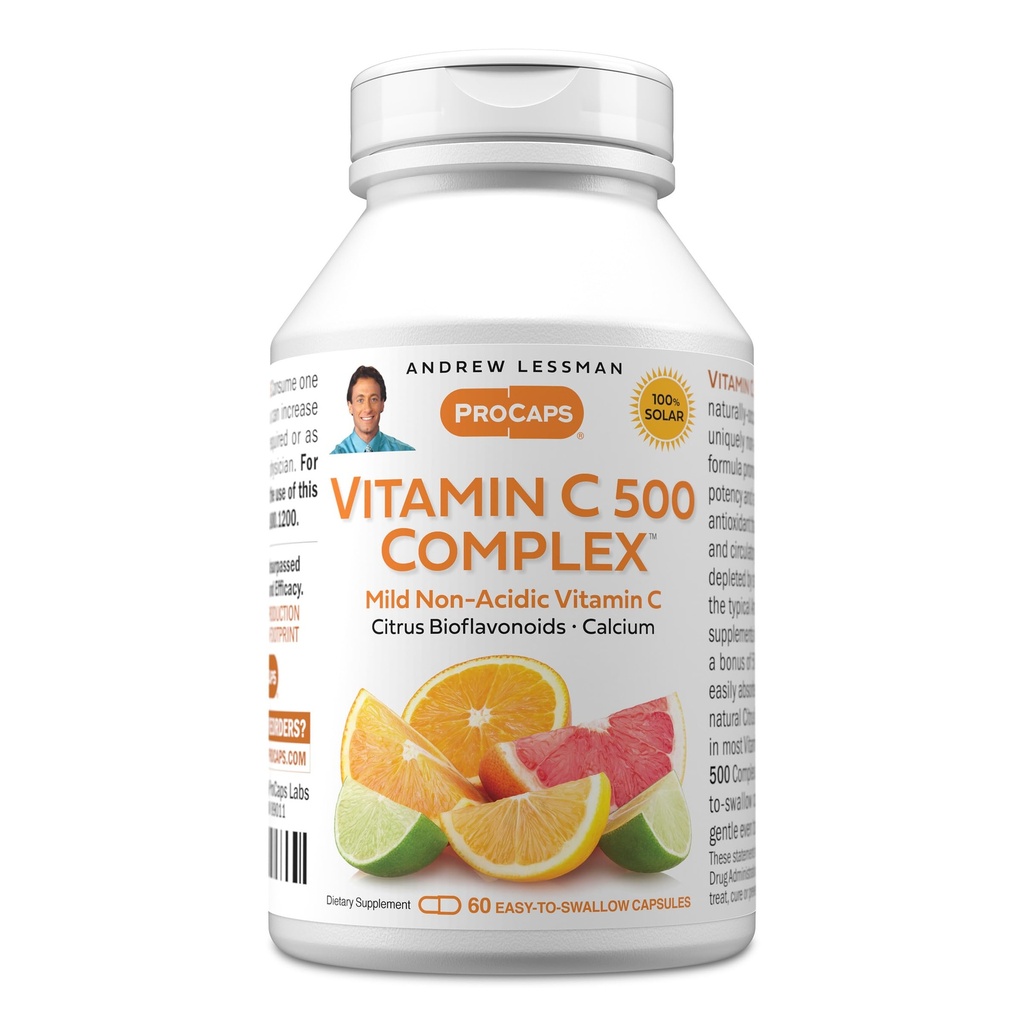 ANDREW LESSMAN Vitamine C 500 Complex 60 Capsules - Niet-Acidic Vitamine C Plus Citrus Bioflavonoïden voor het immuunsysteem en anti-Oxidant Ondersteuning, Geen Maag Upset, Klein Makkelijk doorslikken Capsules