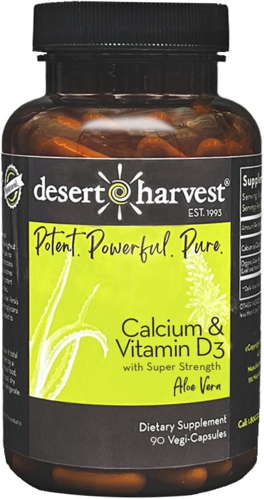 Desert Harvest Calcium Carbonaat 250 mg + Vitamine D3 100 IE Supplement met Aloë Vera voor Absorptie, 90 capsules