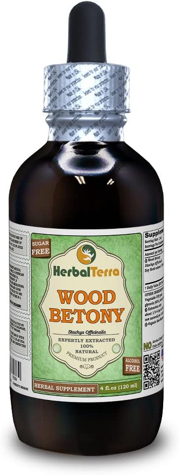Wood Betony (Stachys Officinalis) Glycerite, Organic Android Herb Alcohol-FREE Liquid Extract (Grote naam: HerbalTerra, Proudly made in USA) 4 fl.oz (120 ml)
