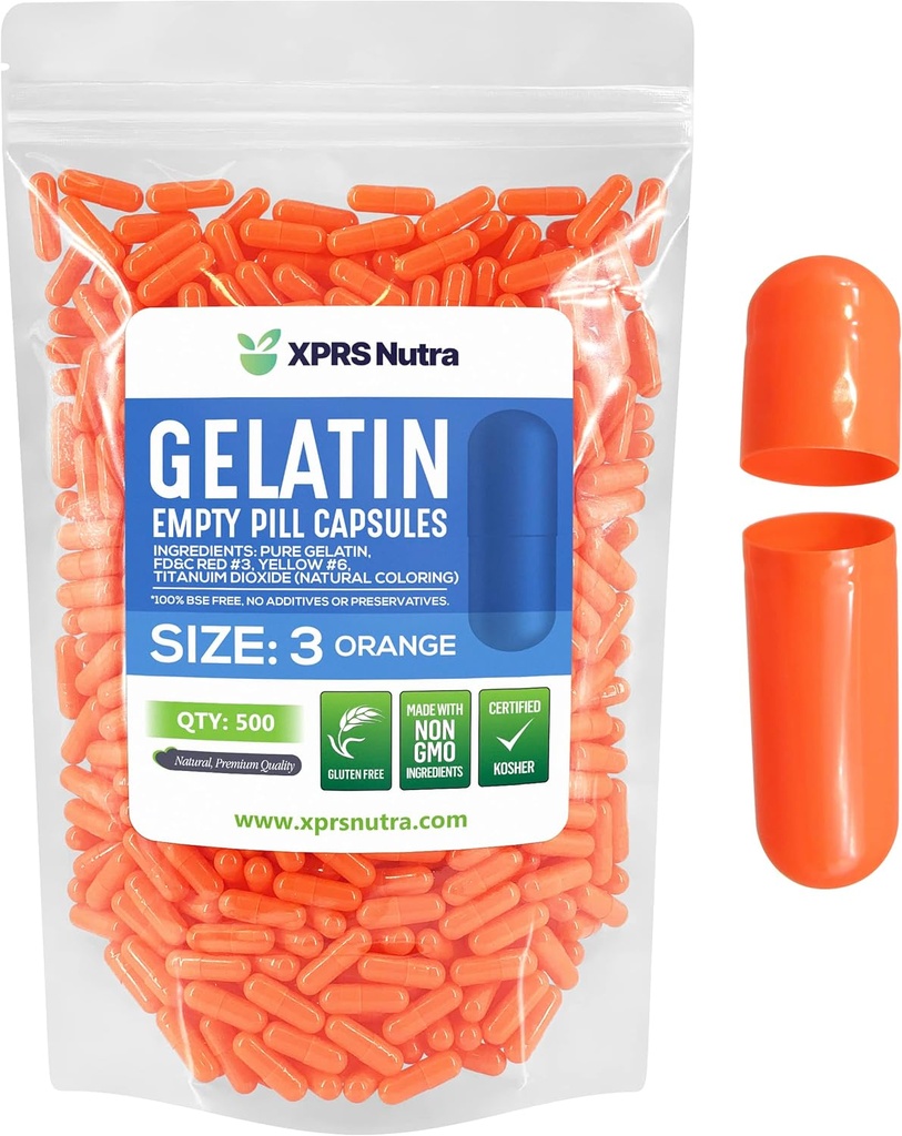 XPRS Nutra Maat 3 Lege Capsules - 500 Telle Lege Gelatine Capsules - Pillen DIY Capsule Vulling - Pure Bovine Pill Gel Caps for Do-It-Yourself Supplements (Orange)