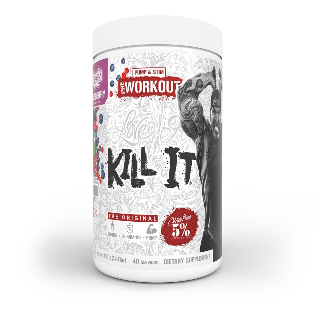 5% Voeding Rijke Piana Kill It Pre Workout Powder w/Creatine, Cafeïne, Beta Alanine, Hydroprime Glycerol voor pomp, Kracht, Uithoudingsvermogen 14.11 oz, 40 Srvgs (Wildberry)