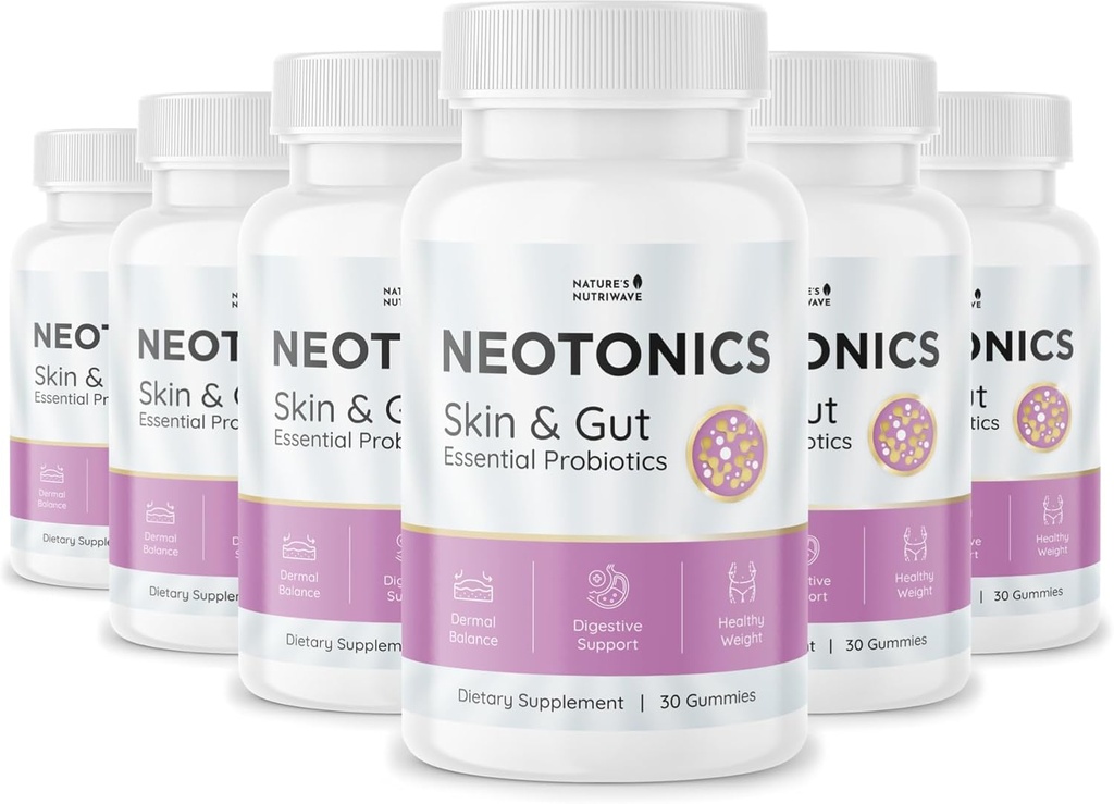 Neotonics Huid en Gut gummies - 100% natuurlijke probiotische gummies, Kauwbare probiotica voor spijsverterings- en huidgezondheid, dagelijkse probiotica voor vrouwen en mannen - appelsmaak, 30 gummies, 6 maanden aanbod