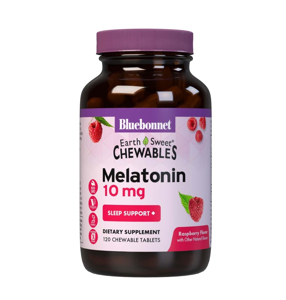 BlueBonnet Nutrition EarthSweet Melatonine 10 mg Snelwerkende Snel Oplossen Nachtrust en Rustige Slaapondersteuning - Slaaphulp - Glutenvrij, Veganistisch - Raspberry Flavor - 120 Kauwbare tabletten