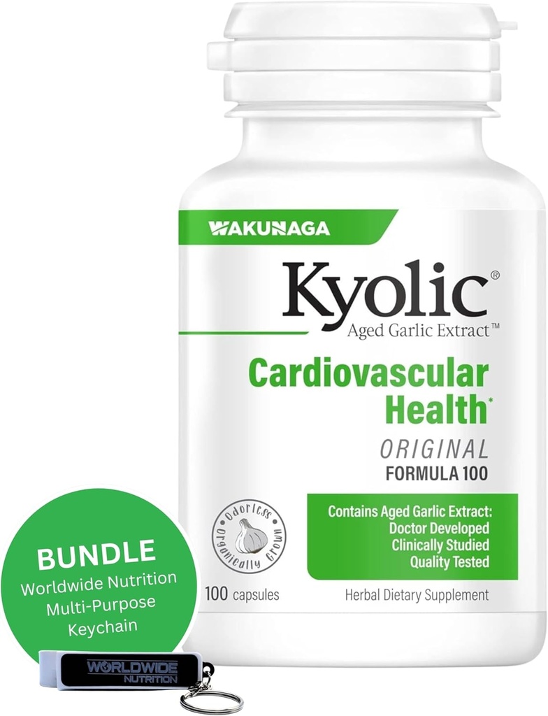 Worldwide Nutrition Bundle: Kyolic Aged Knoflook Extract Formule 100, Original Cardiovasculaire, 100 Capsules en Multi-Purpose Key Chain (Verpakking mei Vary)