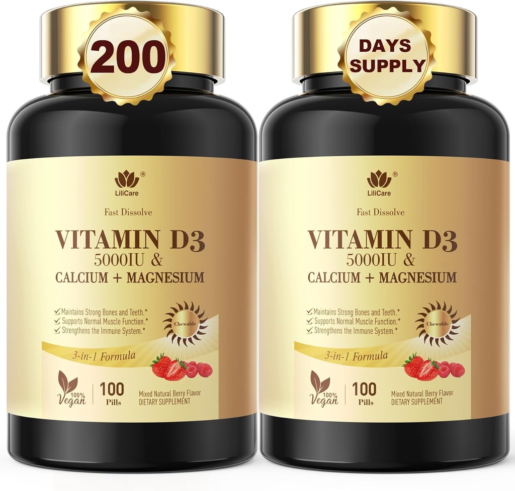Vitamin D3 5000IU snel oplossen met Calcium & Magnesium - voor Quick Nutriënt Absorptie-Sugar Gratis Kauwbaar supplement voor botten Kracht, Tanden, Spier, Immune Health, 200 Snelle Smelttabletten