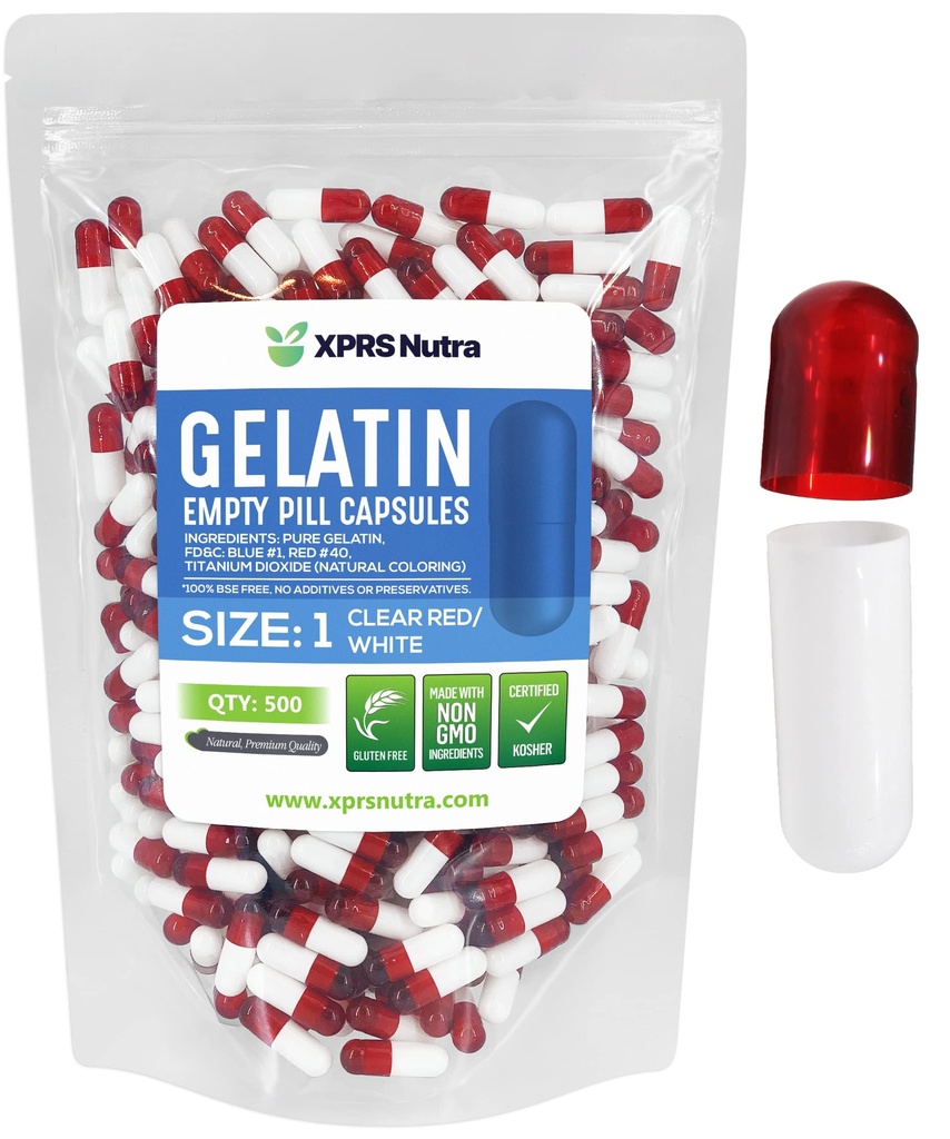 XPRS Nutra Maat 1 Lege Capsules - 500 Telle Lege Gelatine Capsules - Pill DIY Capsule Filling - Pure Bovine Pill Gel Caps for Do-It-Yourself Supplements (Clear Red/White)