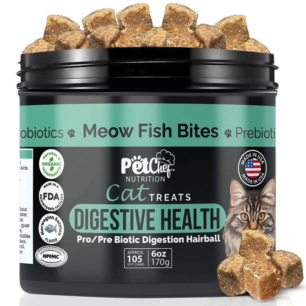 Pet Chef Meow Bites: Premium Pro & Prebiotic Digestie Kat Treats - Verbeteren van de spijsvertering - Betere tan Fortiflora Probiotica voor katten - Stops Kat Braken Alle leeftijden