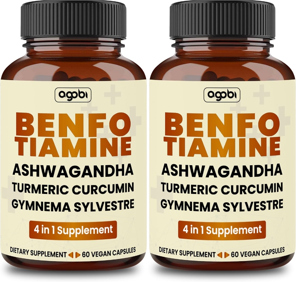 Benfotiamine 600 mg supplement - 2 maanden voor spijsverteringssysteem, energieproductie & Immune - Blended Turmeric Curcumin Root, Ashwagandha Root & Organic Gymnema Sylvestre - 2 verpakkingen van 60 capsules
