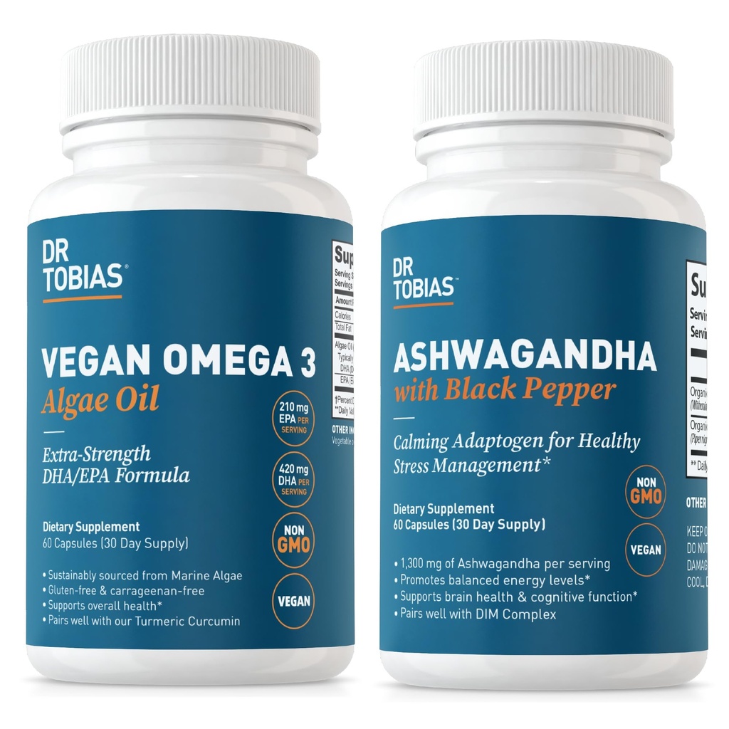 Dr. Tobias Vegan Omega 3 Algenolie en Ashwagandha Capsules, Ondersteunt veerkracht, Immune Health, en algemene Wellness, Niet-GMO, Veganistisch