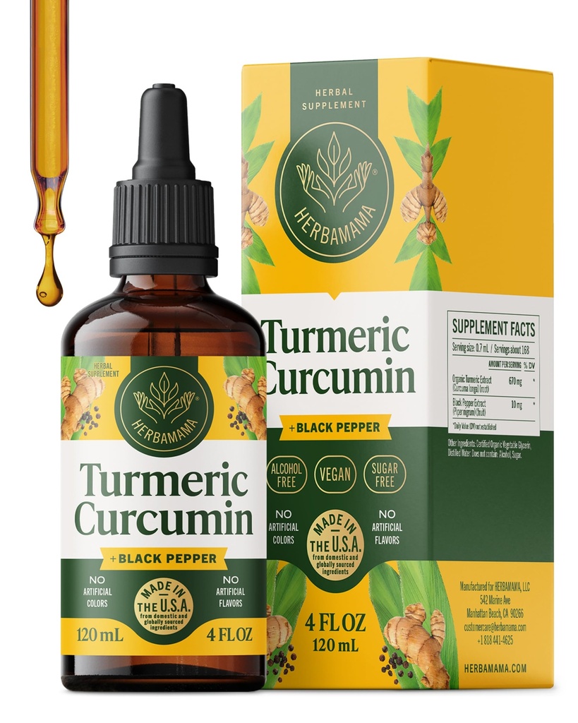 HERBAMAMA Kurkuma Liquid Drops - Vegan Immune, Digestief & Mobility Ondersteuning met Kurkuma Curcumine met Black Peppe Extract - Non-GMO, Alcohol & Sugar-Free Antioxidant Supplement - 56-Day Supply